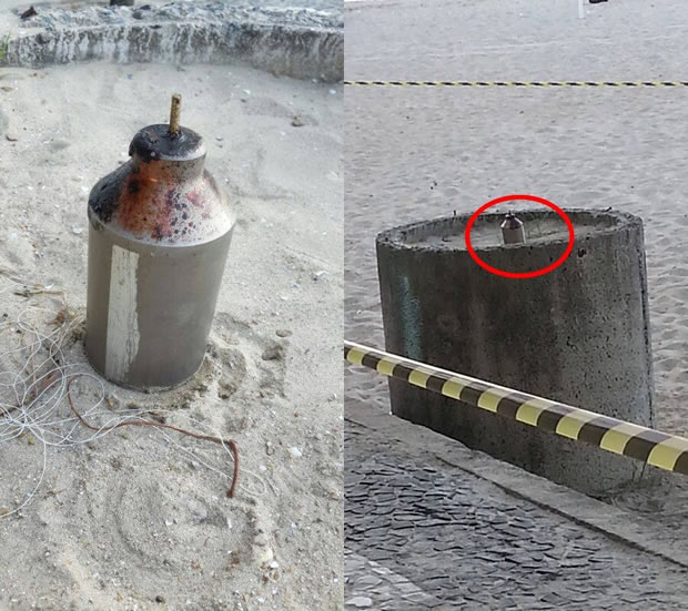 À esquerda, na foto que o 12 BPM divulgou, o artefato. À direita, o local foi isolado por suspeita de se tratar de uma bomba. Crédito: Veronica Casassola / Minha BC