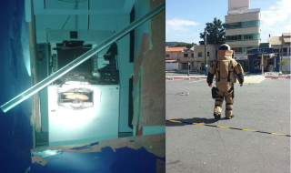 à esquerda, caixa eletrônico destruído pela explossão; à direita, esquadrão anti bombas do BOPE desarmando a bomba que não explodiu. (Polícia Militar / Divulgação)