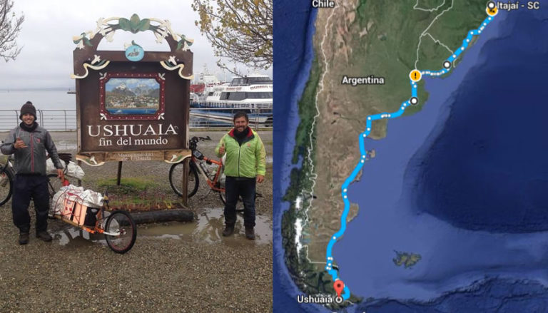 Depois de quase dois meses, pai e filho que saíram de Itajaí de bicicleta chegam a Ushuaia