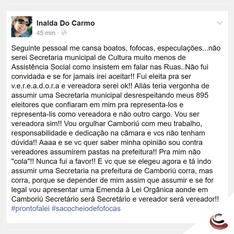 Vereadora eleita de Camboriú faz crítica a vereadores que assumem pastas na prefeitura