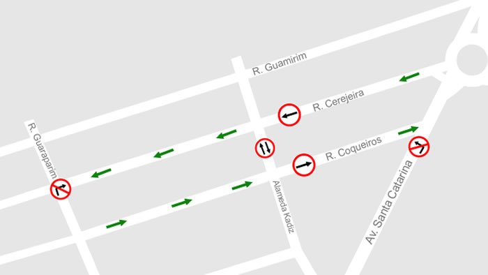 Trechos das ruas Cerejeira e Coqueiros terão sentido único a partir da segunda-feira, dia 9