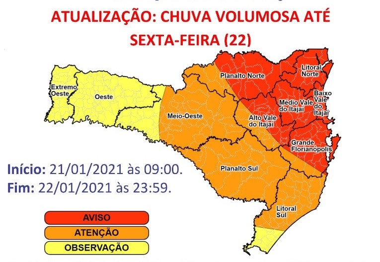 Defesa Civil emite alerta sobre risco de alagamentos devido as fortes chuvas em SC 1 chuva sc jan 2021