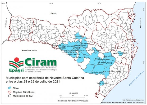 Massa de ar polar traz neve a 23 municípios, geada e temperaturas negativas para SC 1 mapa epagri ciram