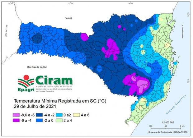 Massa de ar polar traz neve a 23 municípios, geada e temperaturas negativas para SC 2 mapa epagri ciram 20210729 1463366172