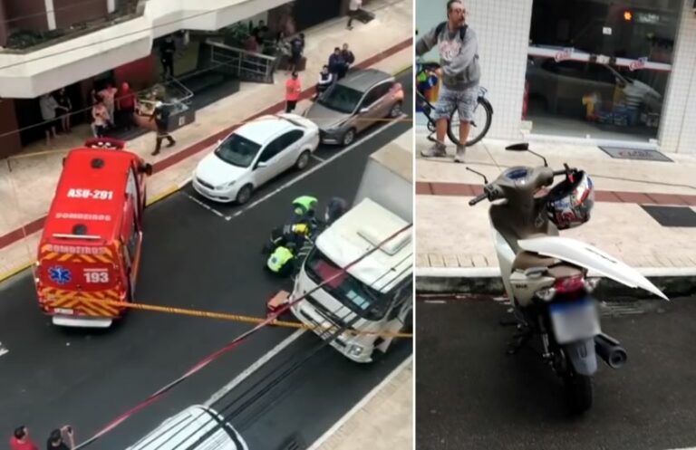 Carro colide em moto e arremessa motociclista embaixo de caminhão