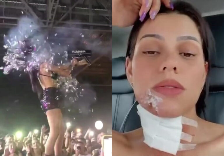DJ machuca o rosto com bazuca de confetes durante show em Balneário Camboriú