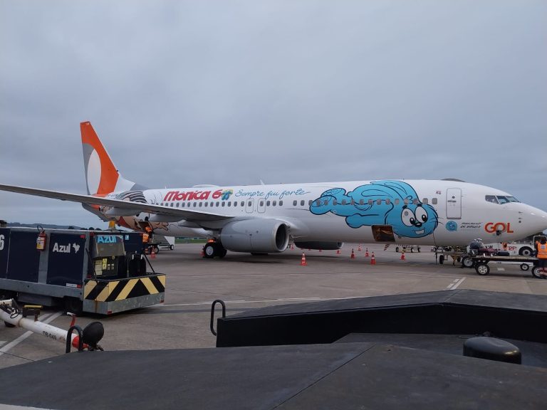 Avião da Turma da Mônica encanta passageiros no Aeroporto Internacional de Navegantes