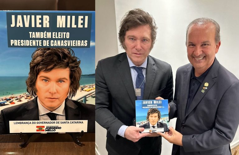 Jorginho Mello entrega placa para Milei: ‘Presidente de Canasvieiras’